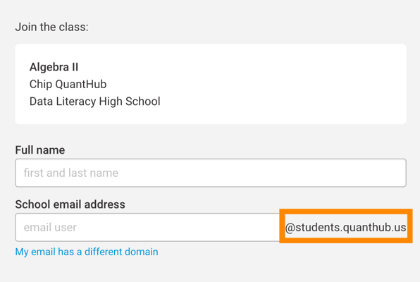 A box around an example, filled in email domain under the "School email address" field.