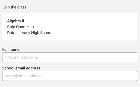 Screenshot showing the different "Join the class" information fields like "Full name" and "School email address."
