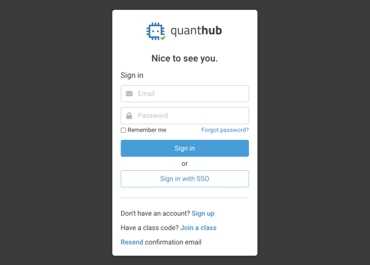 QuantHub Sign in page.