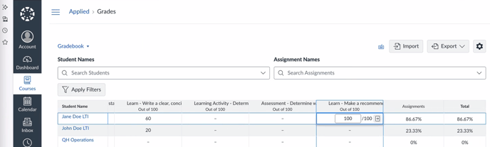 Canvas gradebook.